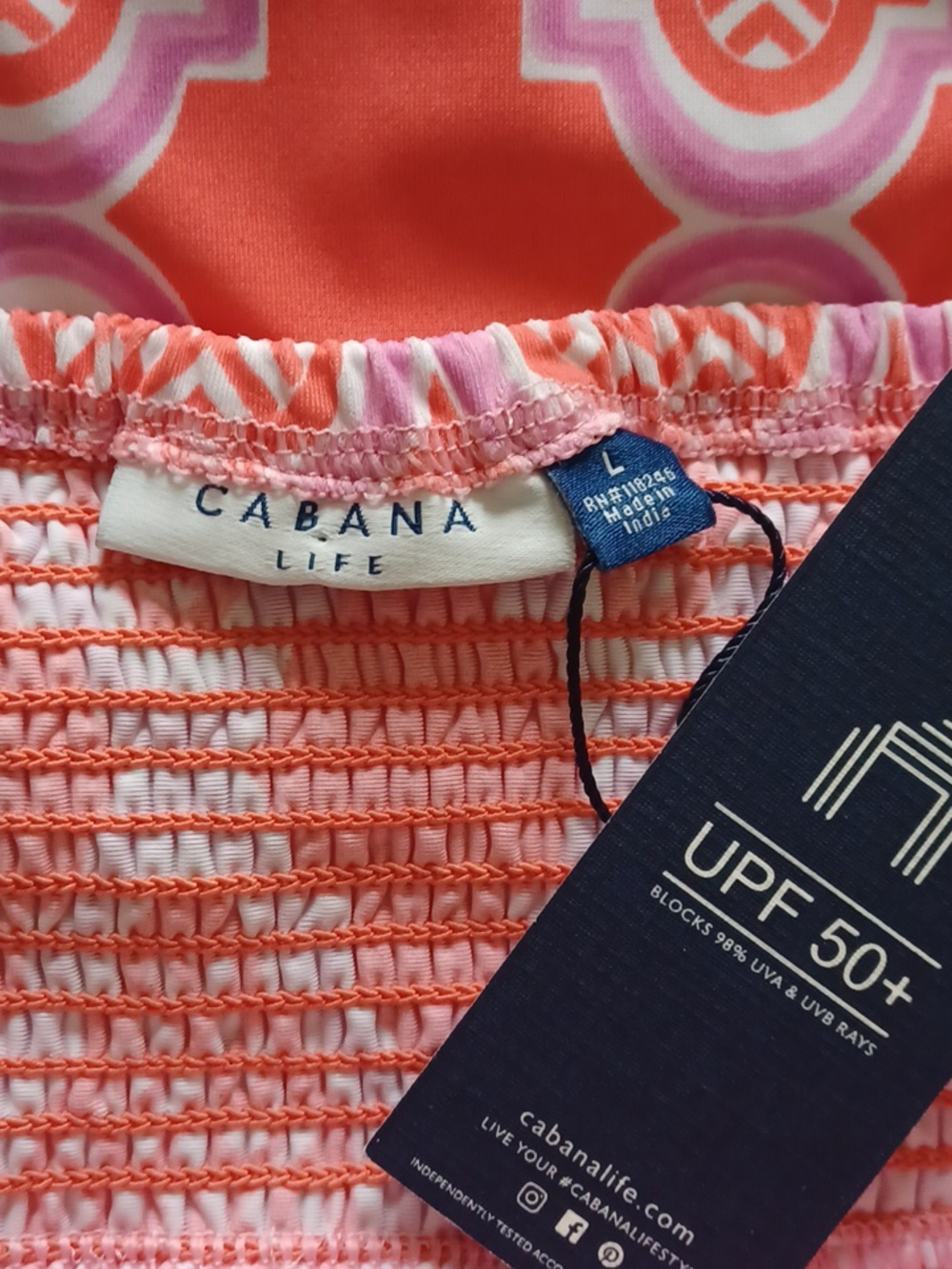 NWT Cabana Life Coral Geo Coverluxe Smocked Off the Shoulder Tassel Dress - Picture 10 of 13